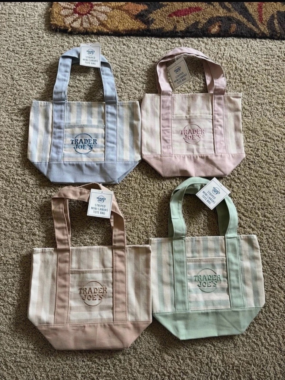 Trader Joe's Striped Mini Canvas Tote - Pastel Assorted Colors 4 Bags